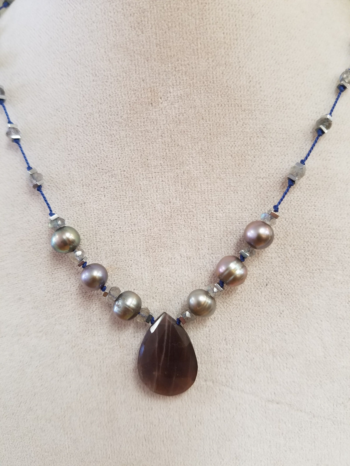 Chocolate Moonstone and pearls on silk Necklace, handcrafted by Antiqua Jewelry