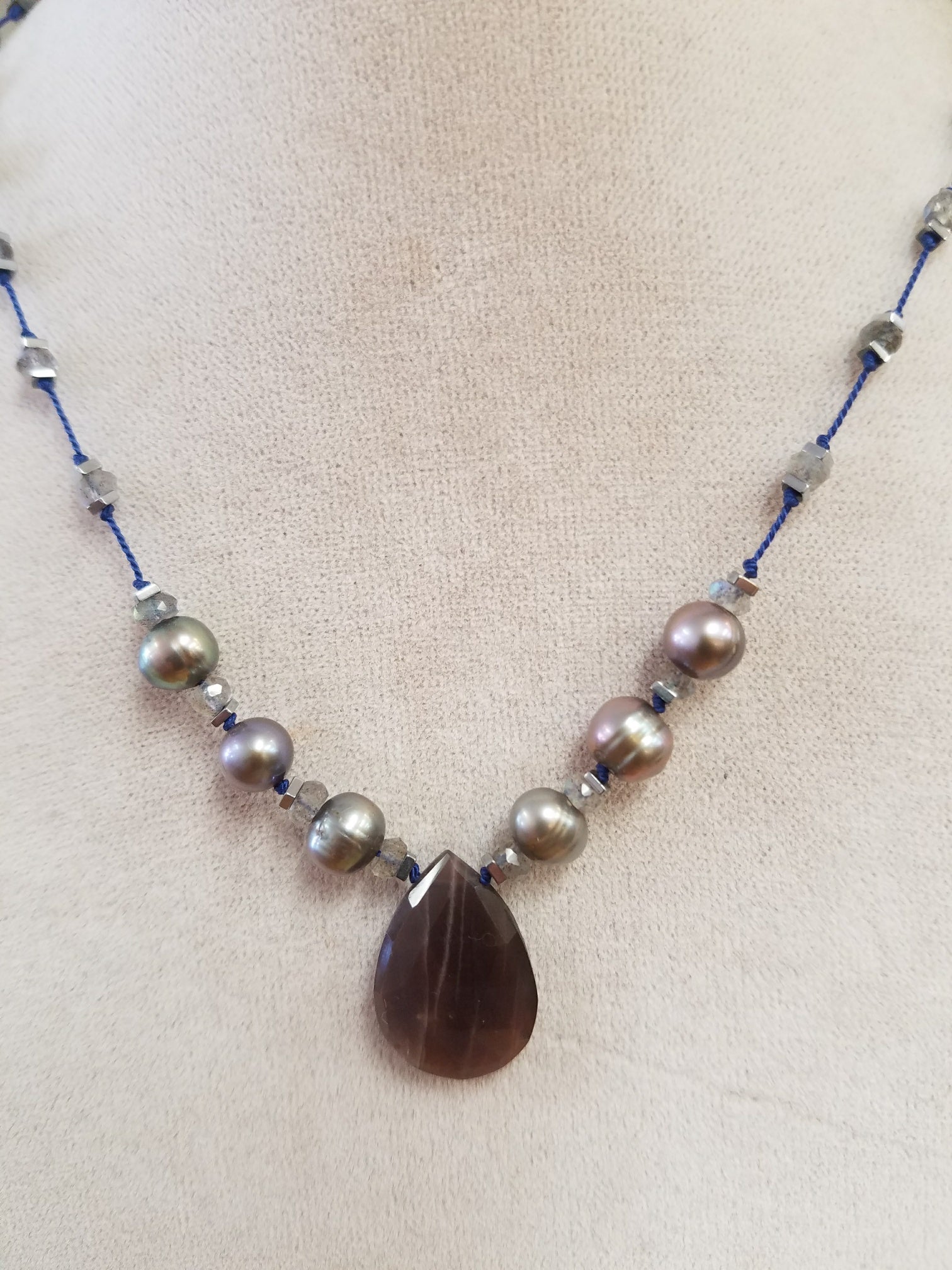 Chocolate Moonstone and pearls on silk Necklace, handcrafted by Antiqua Jewelry