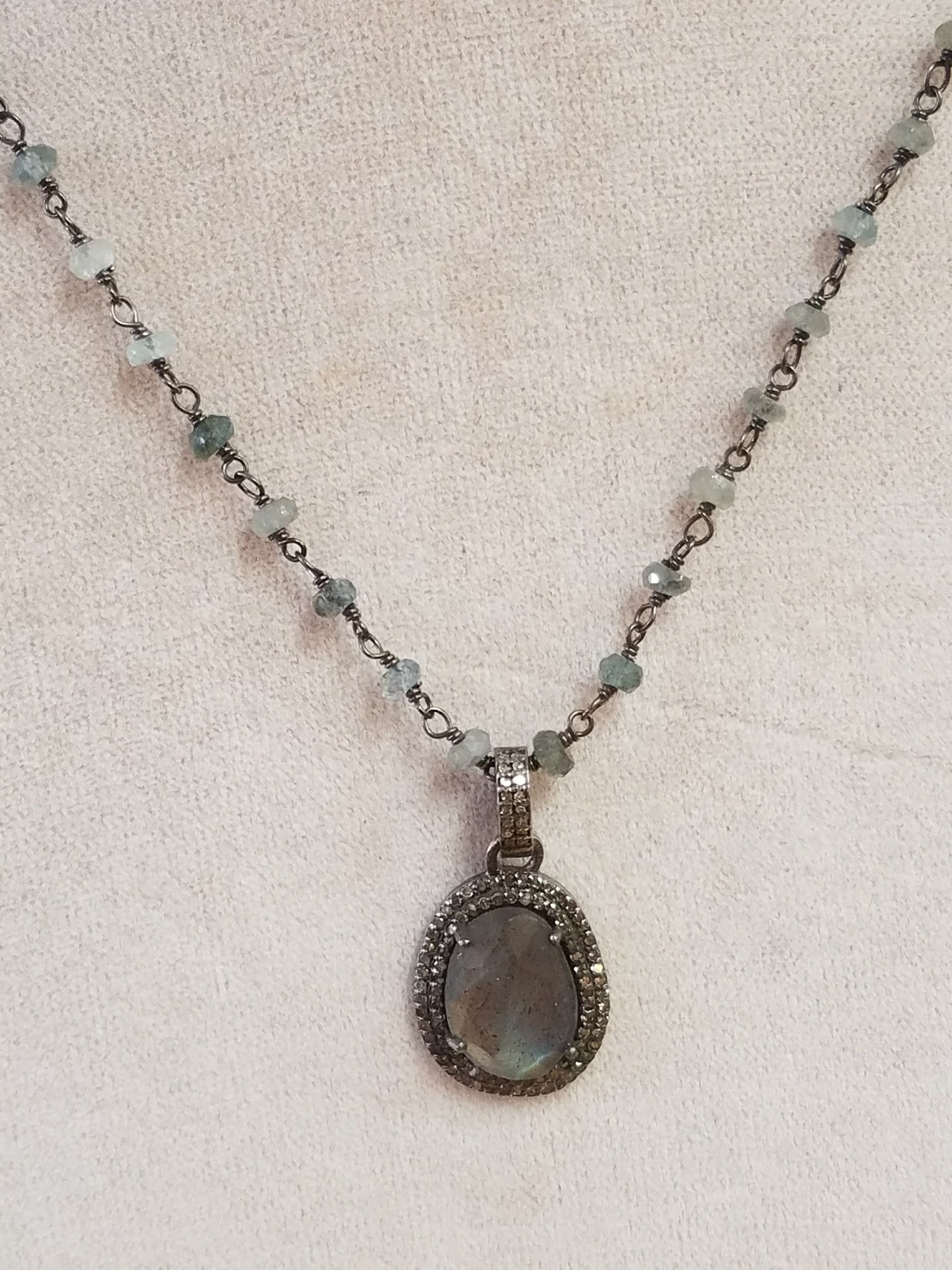 Labradorite, Diamonds and Aquamarine Necklace, handcrafted by Antiqua Jewelry