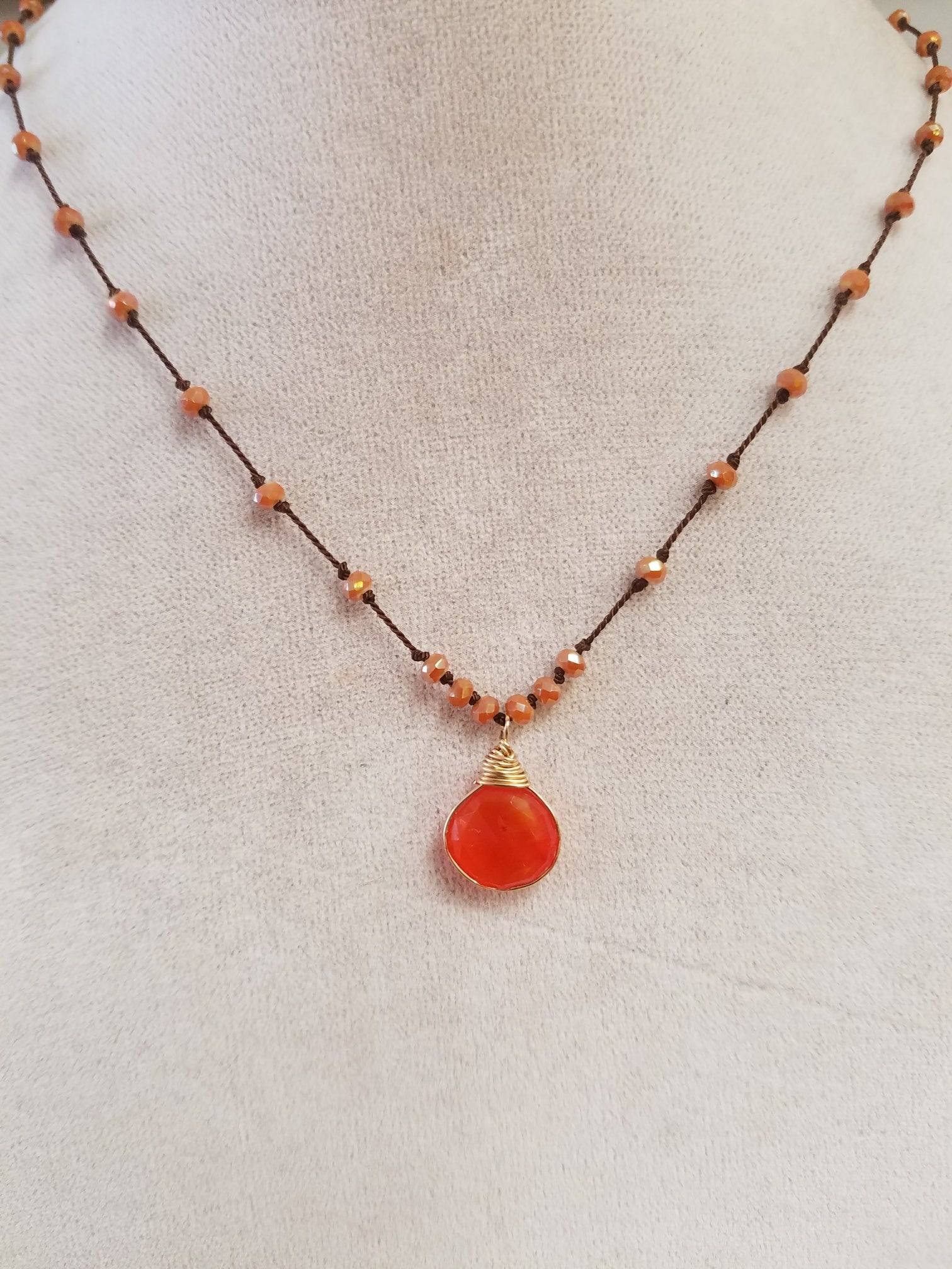 Carnelian and crystals on silk Necklace in red, handcrafted by Antiqua Jewelry