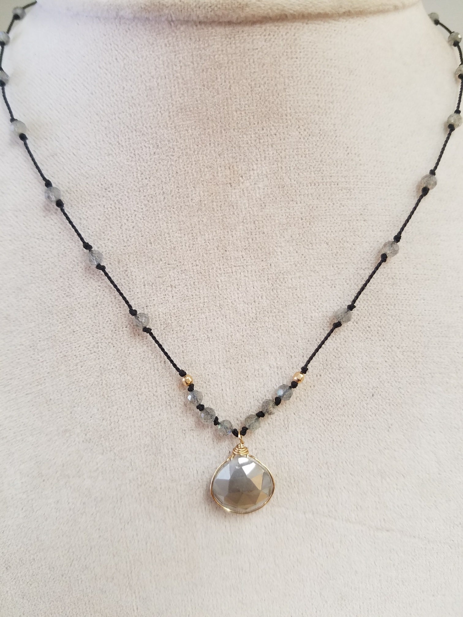 Labradorite with a Silvernite wrapped pendant on silk in gray, handcrafted necklace by Antiqua Jewelry