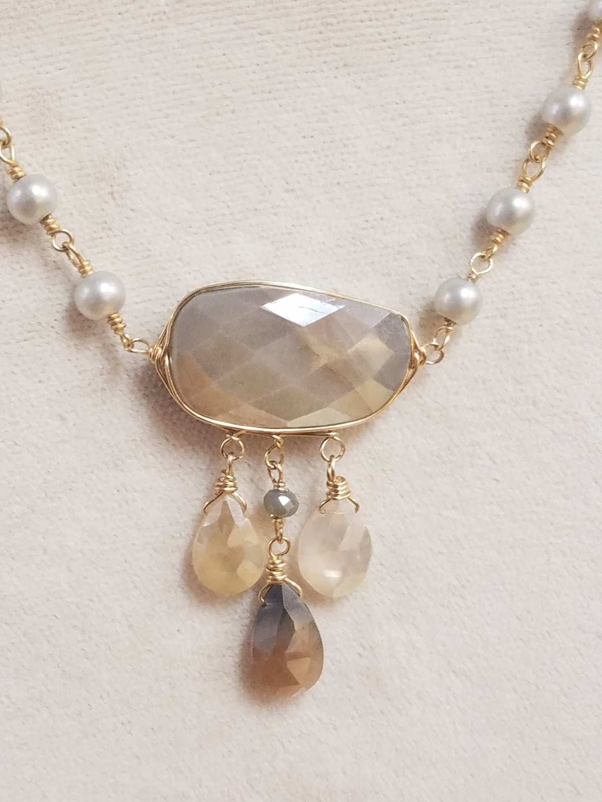 Chocolate Moonstone and Pearls necklace, handcrafted by Antiqua Jewelry