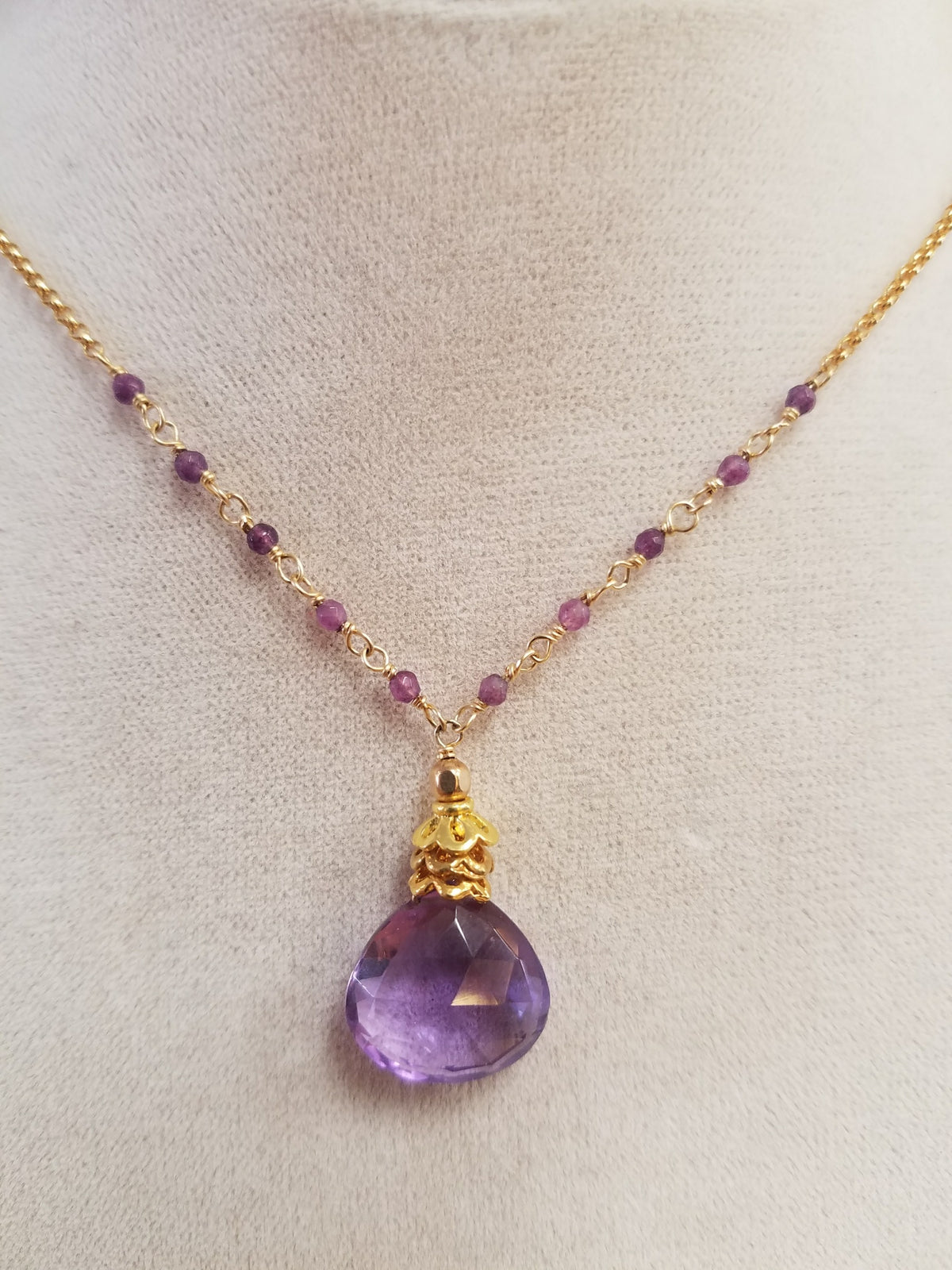 Large Amethyst drop Neckalce Necklace in purple, handcrafted by Antiqua Jewelry