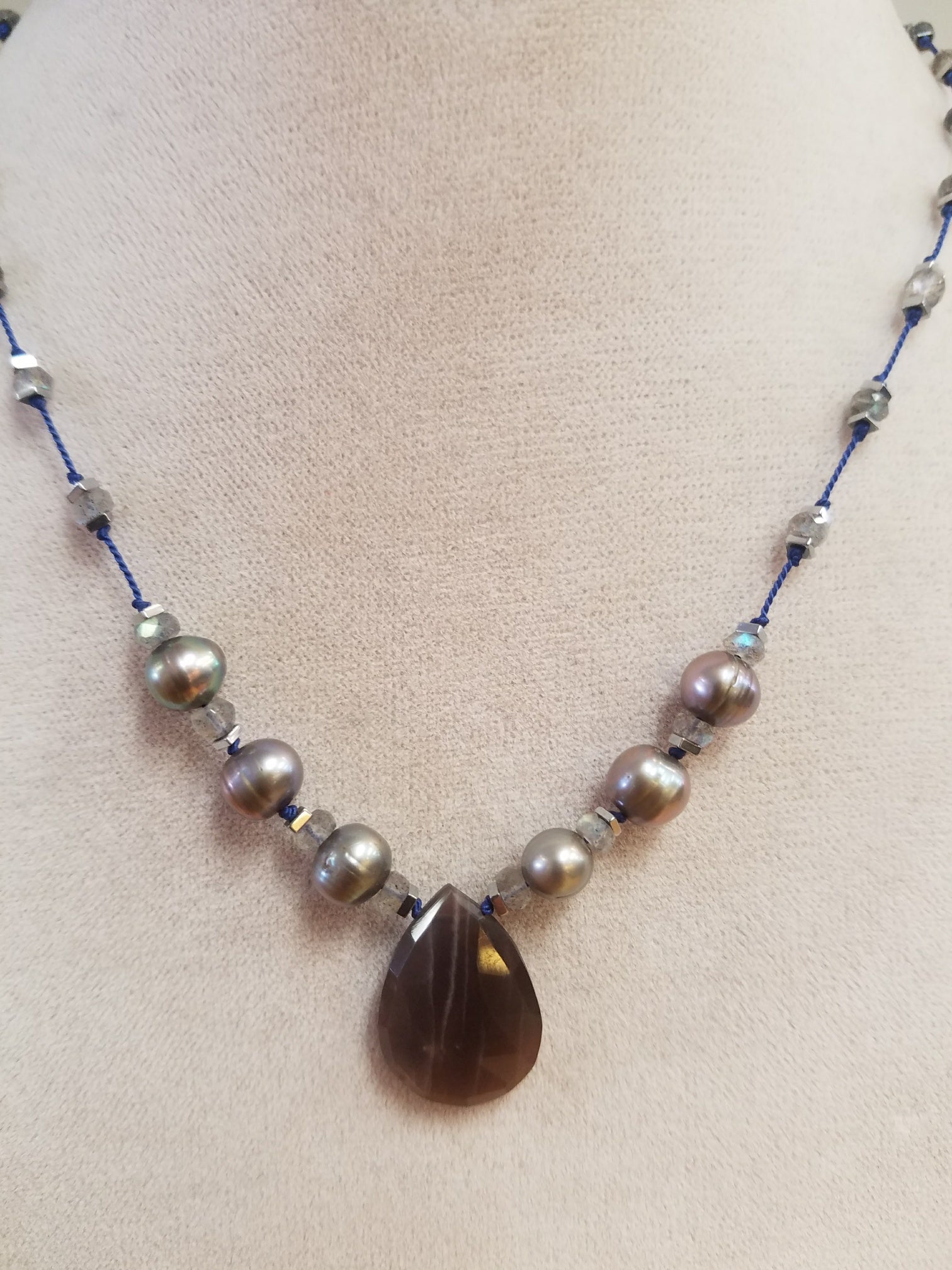 Silk necklace with Chocolate Moonstone and Labradorite, handcrafted by Antiqua Jewelry