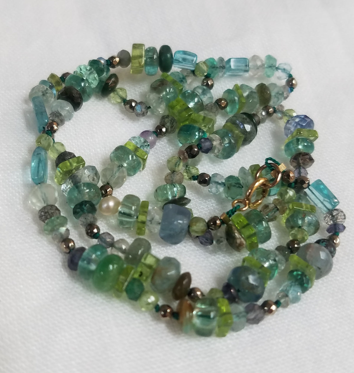 Blue and green gems necklace, handcrafted by Antiqua Jewelry