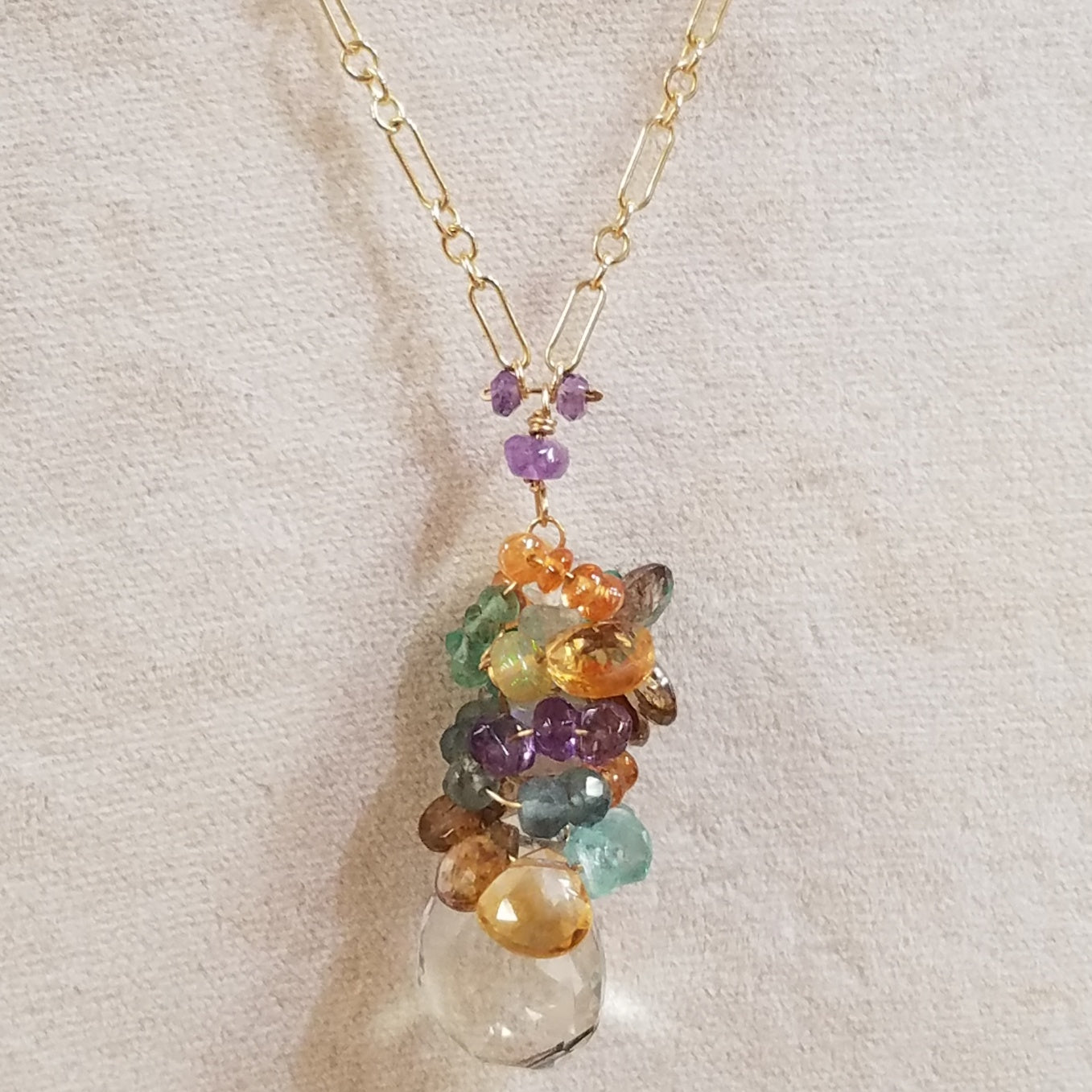 Many gems in one necklace, handcrafted by Antiqua Jewelry