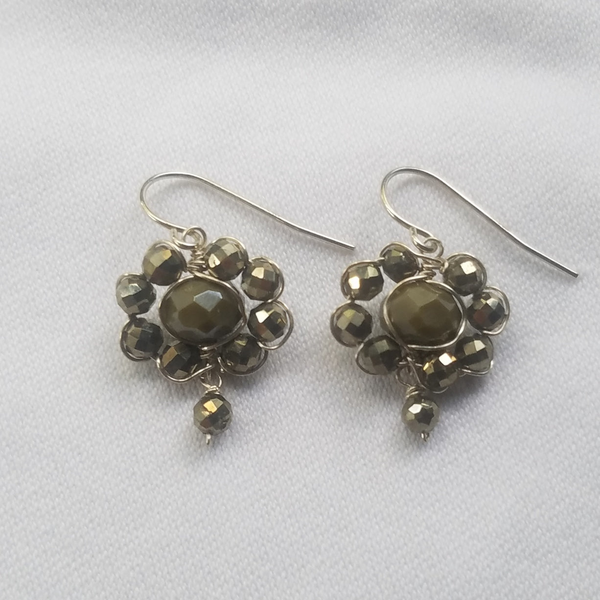 Pyrite flower earrings in gray, handcrafted by Antiqua Jewelry