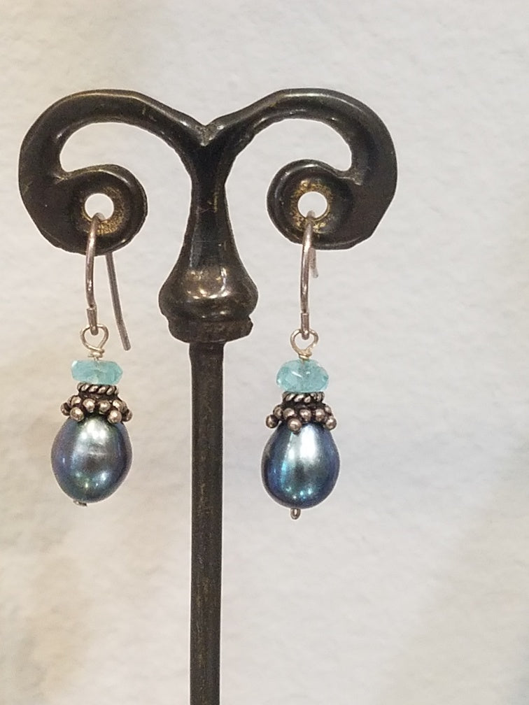 Classic blue pearls earrings, handcrafted by Antiqua Jewelry