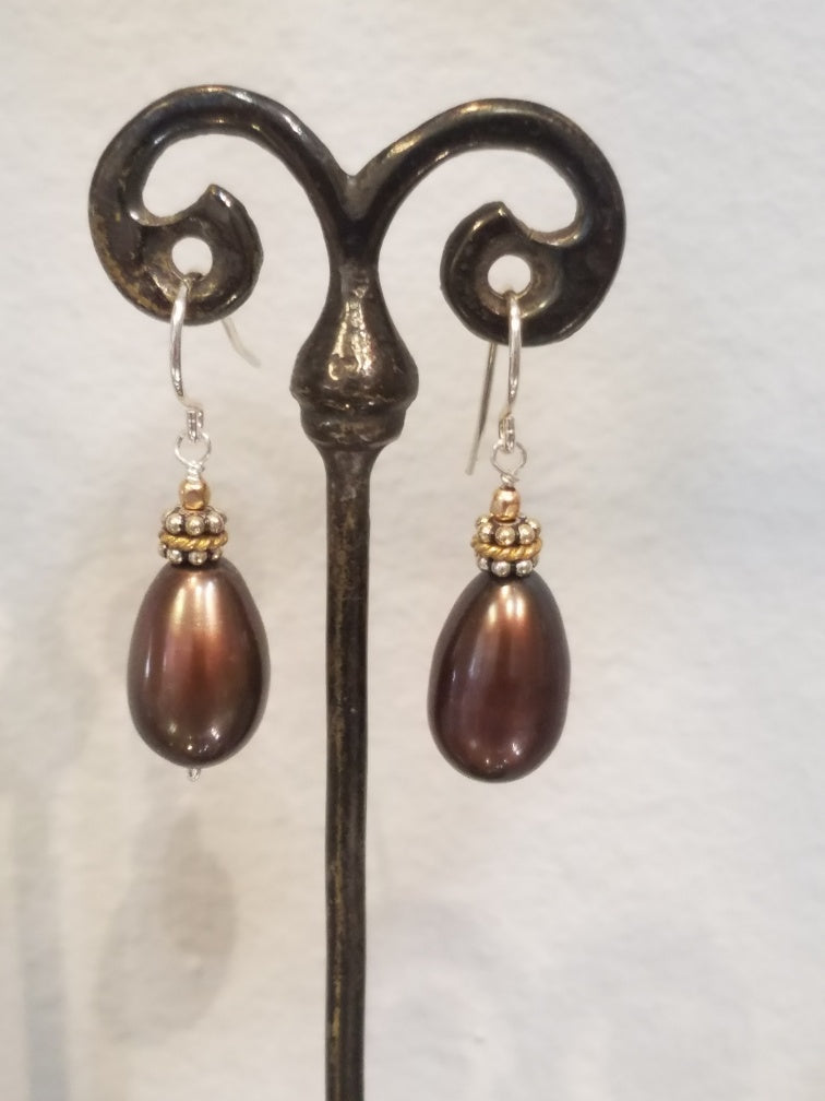 Long and oval Lustrous Pearls Earrings in white, handcrafted by Antiqua Jewelry
