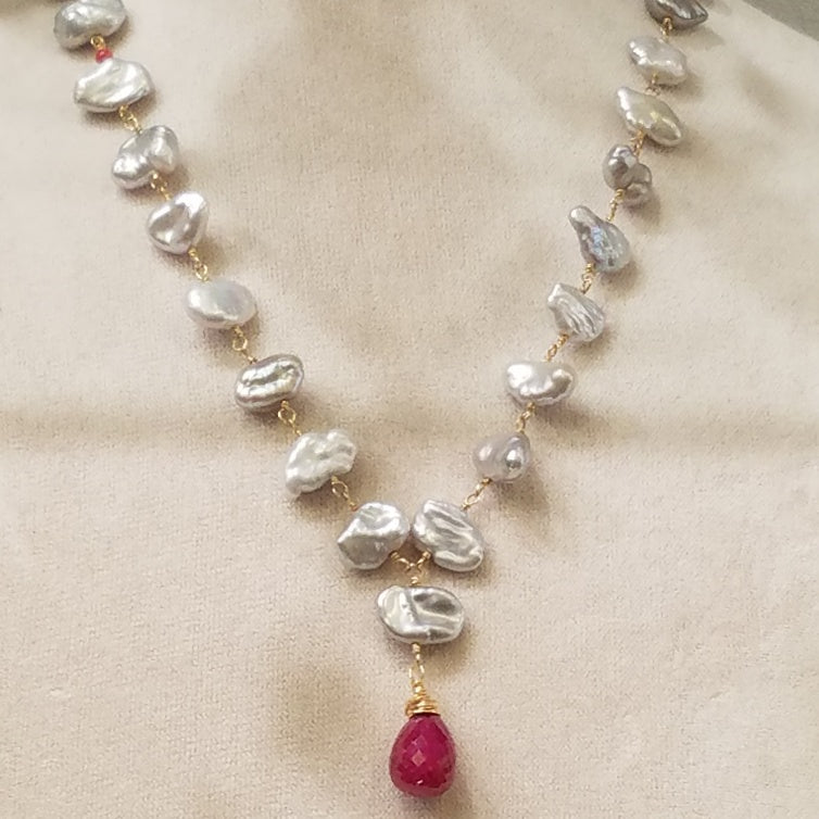 Ruby and Pearls necklace, handcrafted by Antiqua Jewelry