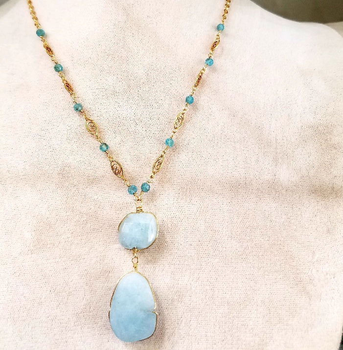Apatite and Aquamarine necklace in blue, handcrafted by Antiqua Jewelry