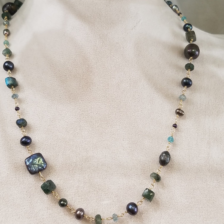 Green Labradorite and Pearl necklace, handcrafted by Antiqua Jewelry