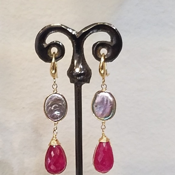 Ruby and pearl earrings, handcrafted by Antiqua Jewelry