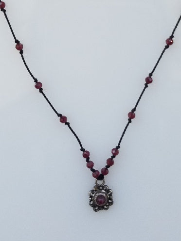 Garnet silk necklace in red, handcrafted by Antiqua Jewelry