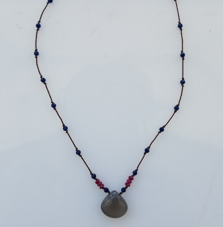 Ruby and Grey Moonstone silk necklace, handcrafted by Antiqua Jewelry