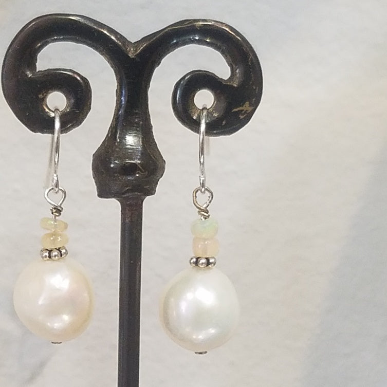 Opal and Pearl earrings in white, handcrafted by Antiqua Jewelry