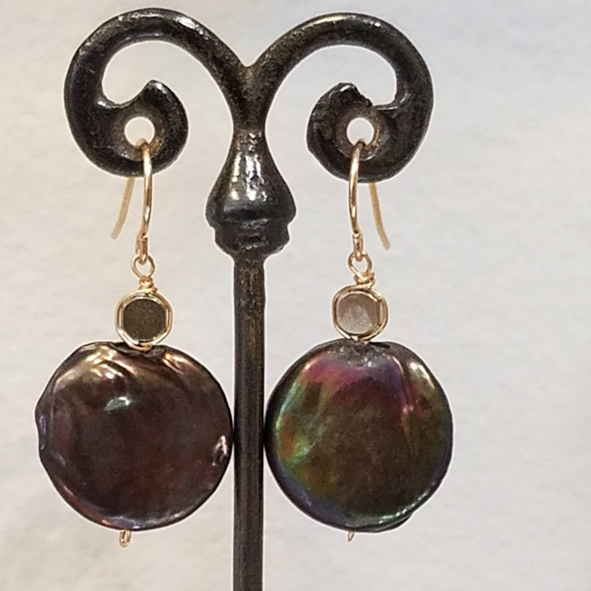 Coin pearl earrings in white, handcrafted by Antiqua Jewelry