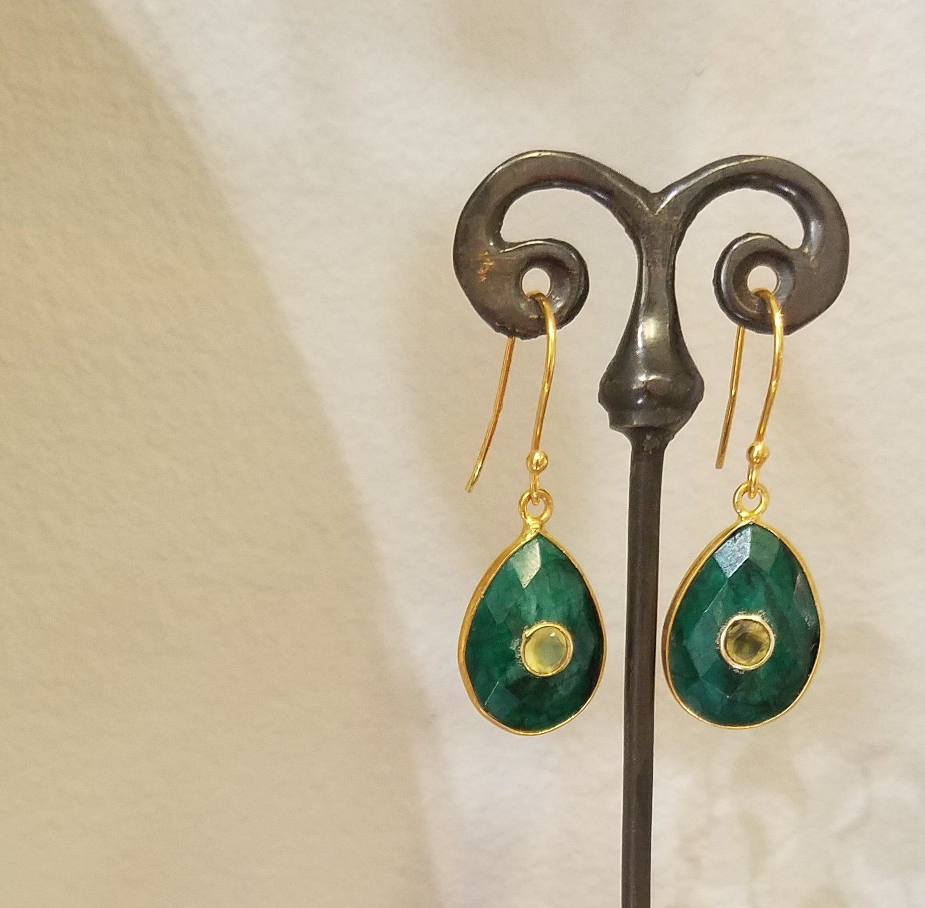 Green drop earrings, handcrafted by Antiqua Jewelry