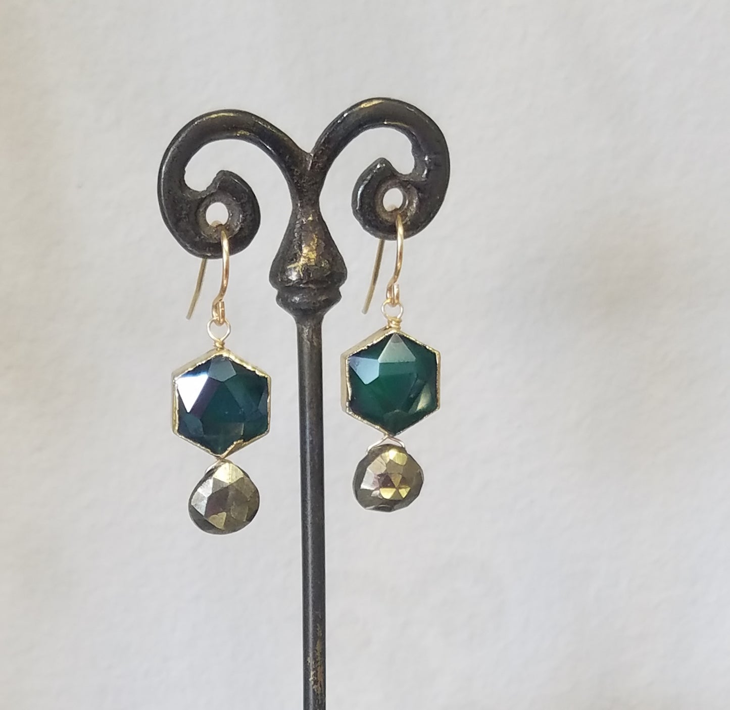 Pyrite and hexagon earrings in gray, handcrafted by Antiqua Jewelry