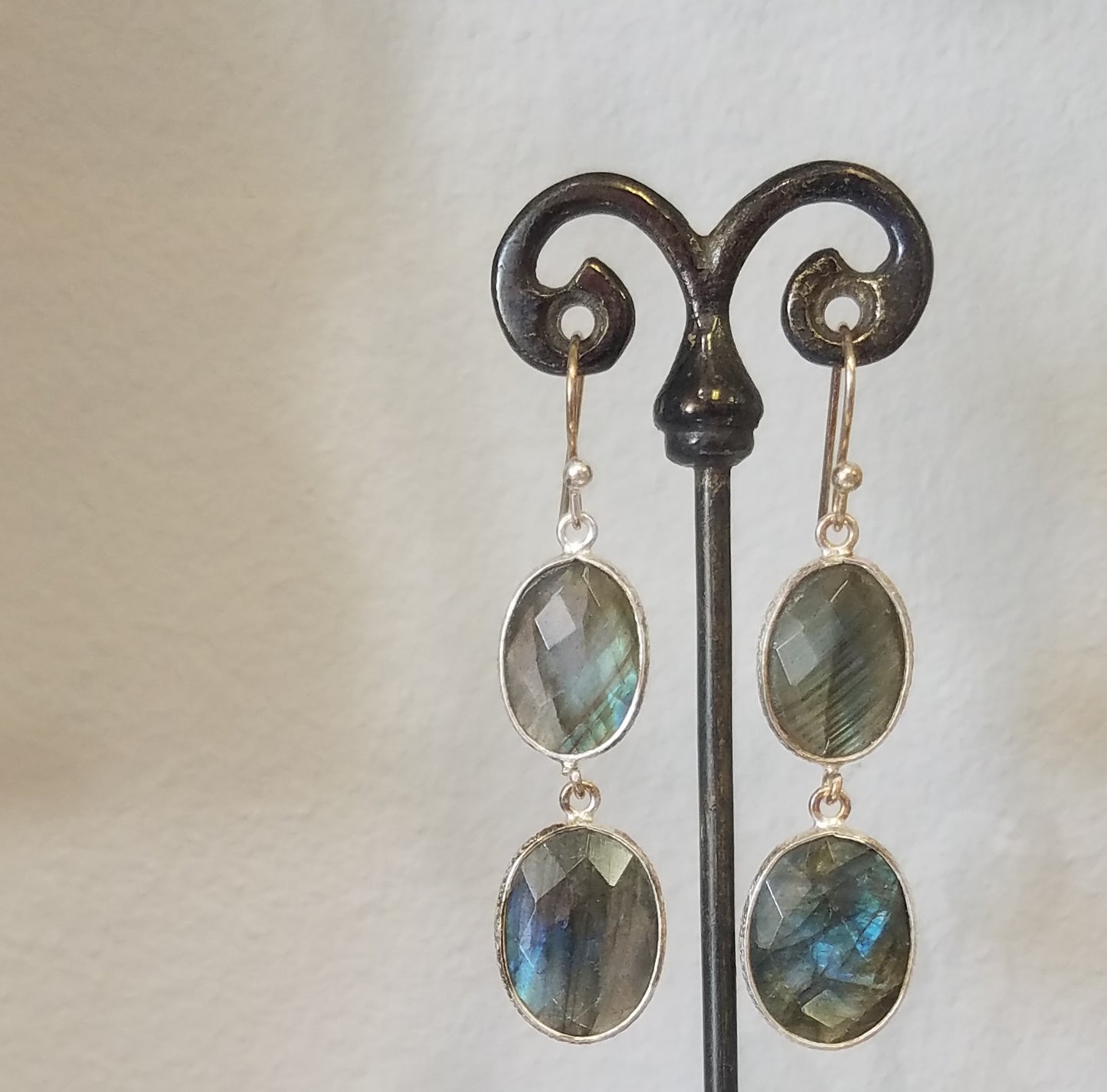 Labradorite dou earrings in gray, handcrafted by Antiqua Jewelry