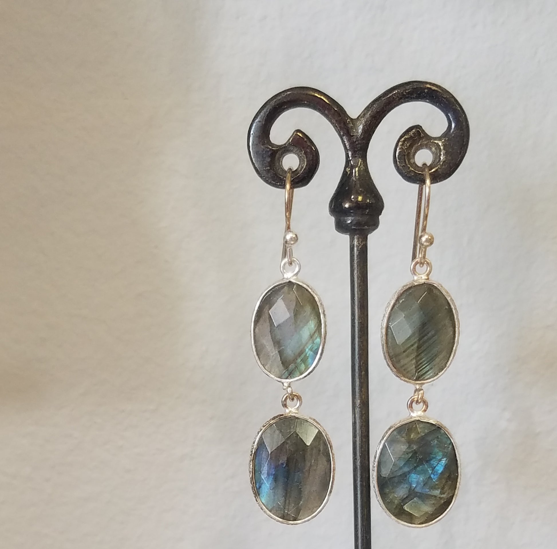 Labradorite dou earrings in gray, handcrafted by Antiqua Jewelry