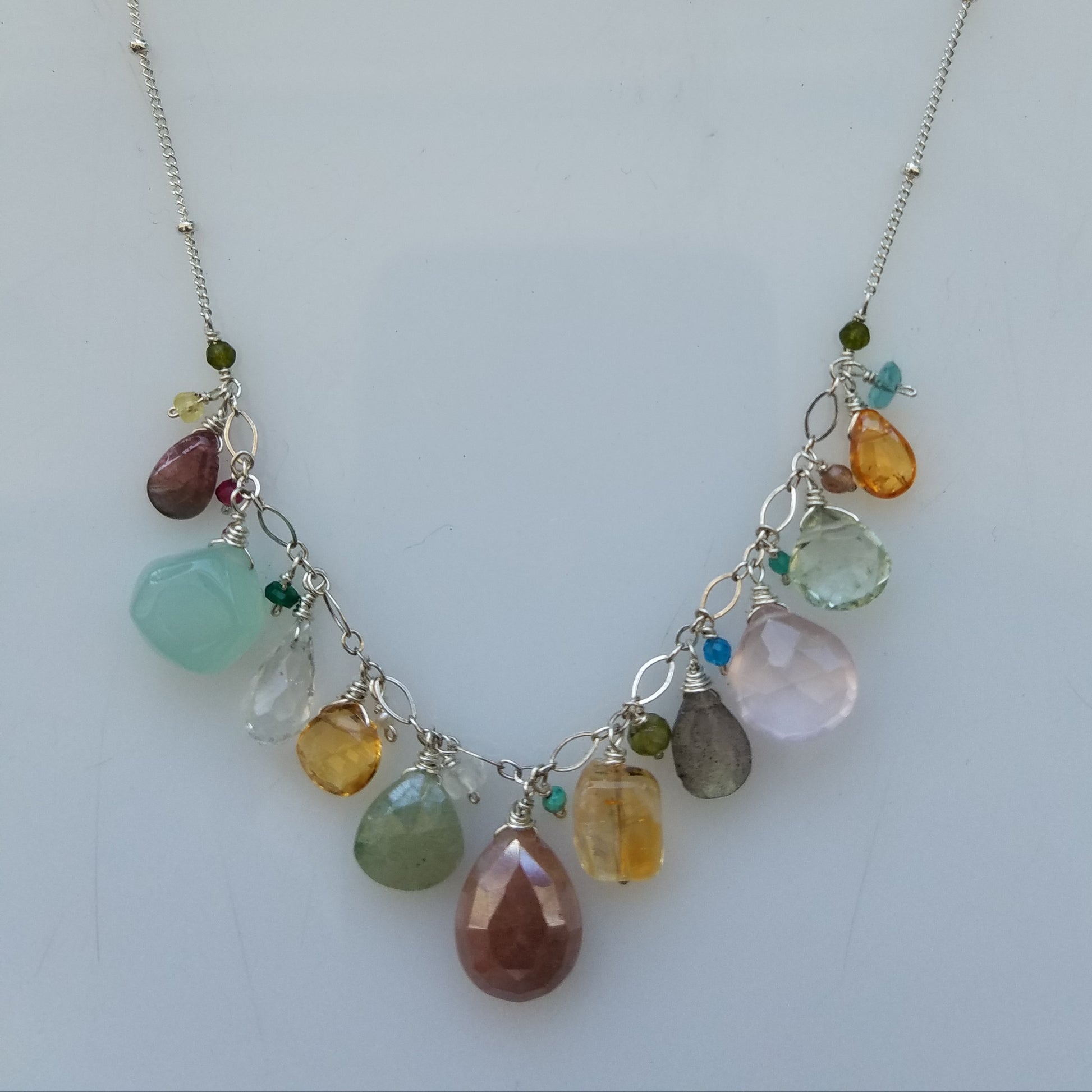Multi-colored gem stone necklace, handcrafted by Antiqua Jewelry