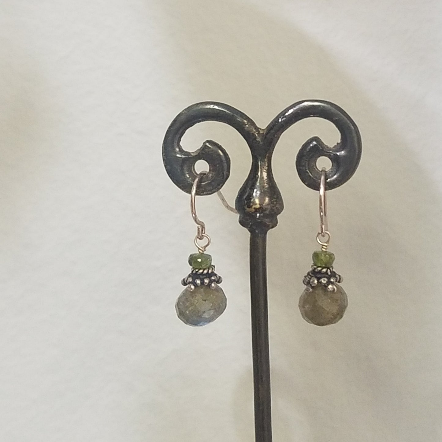 Tourmaline and labradorite earrings in gray, handcrafted by Antiqua Jewelry