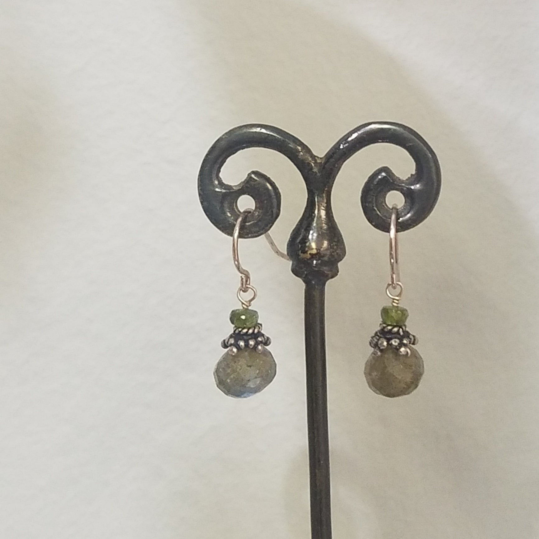Tourmaline and labradorite earrings in gray, handcrafted by Antiqua Jewelry