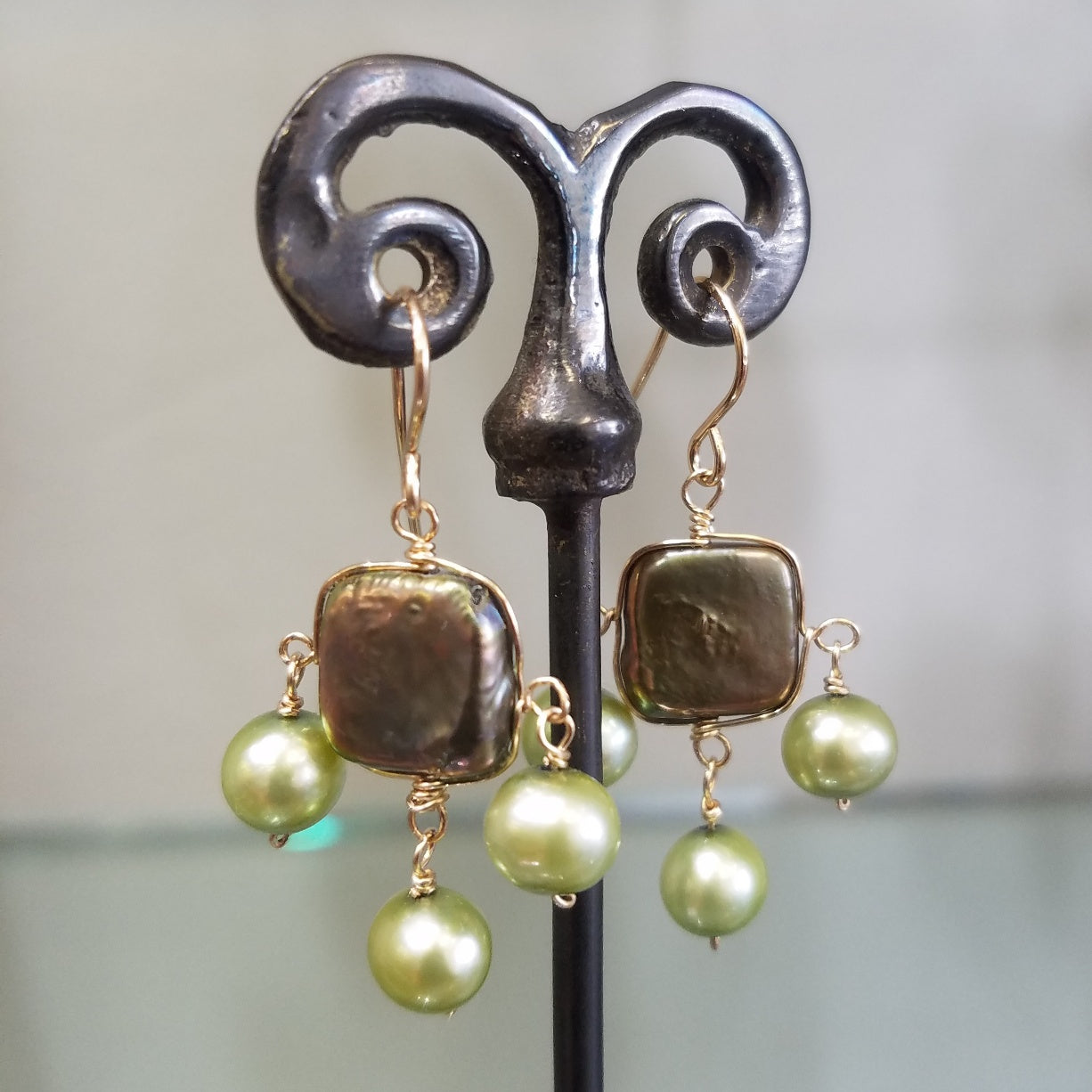 Bronze and green Pearls earrings, handcrafted by Antiqua Jewelry