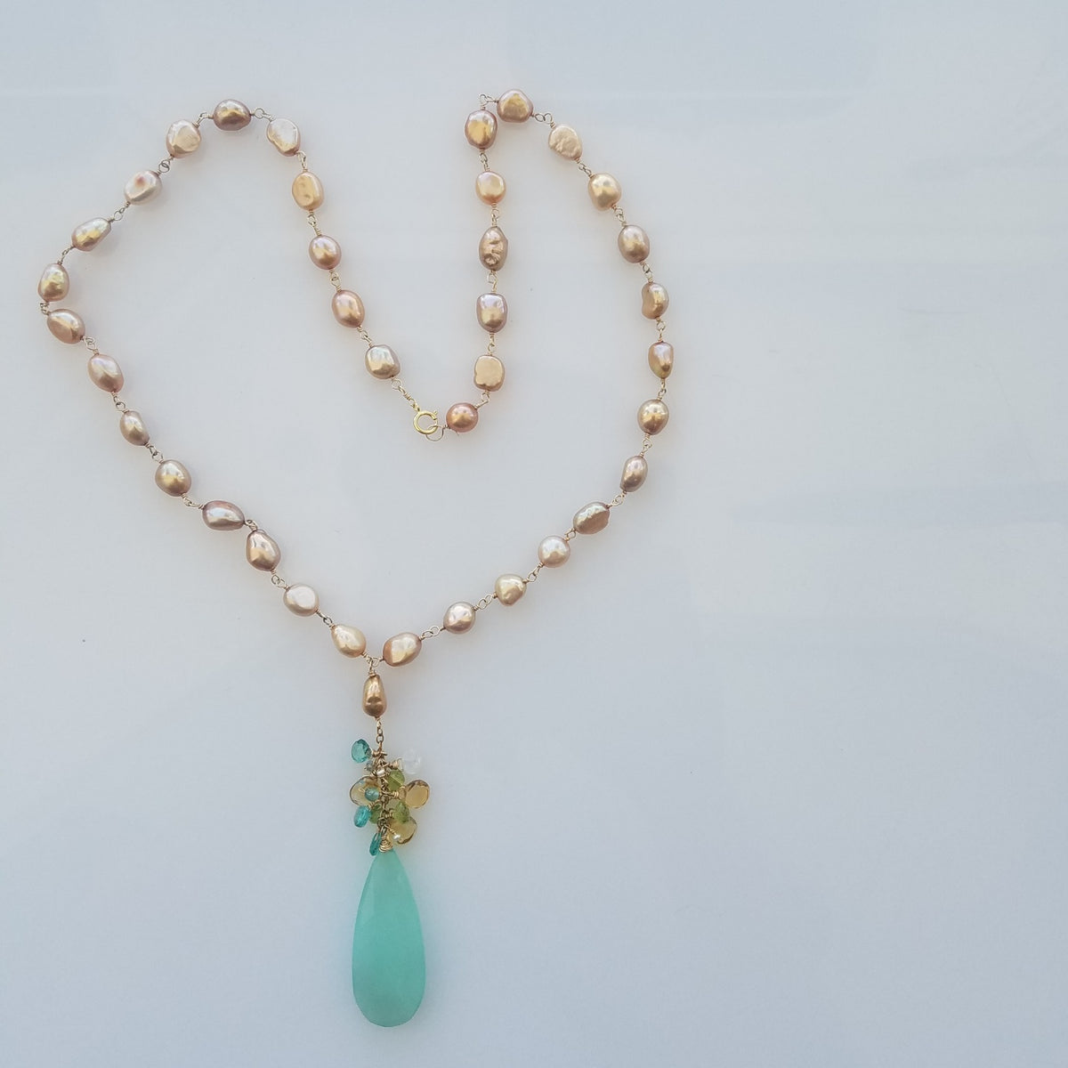 Champagne pearls with Chalcedoney necklace in white, handcrafted by Antiqua Jewelry