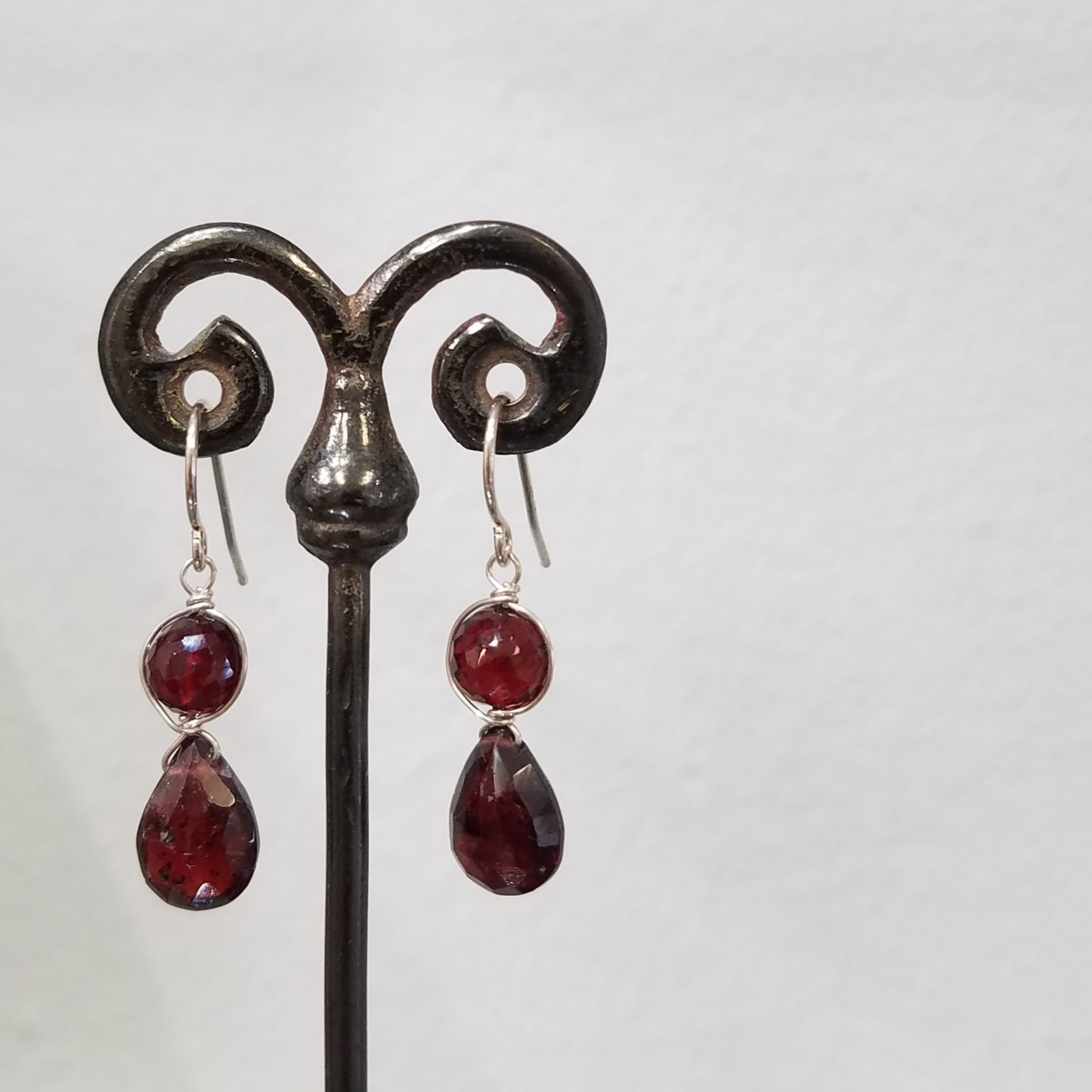 Double garnet earrings in red, handcrafted by Antiqua Jewelry