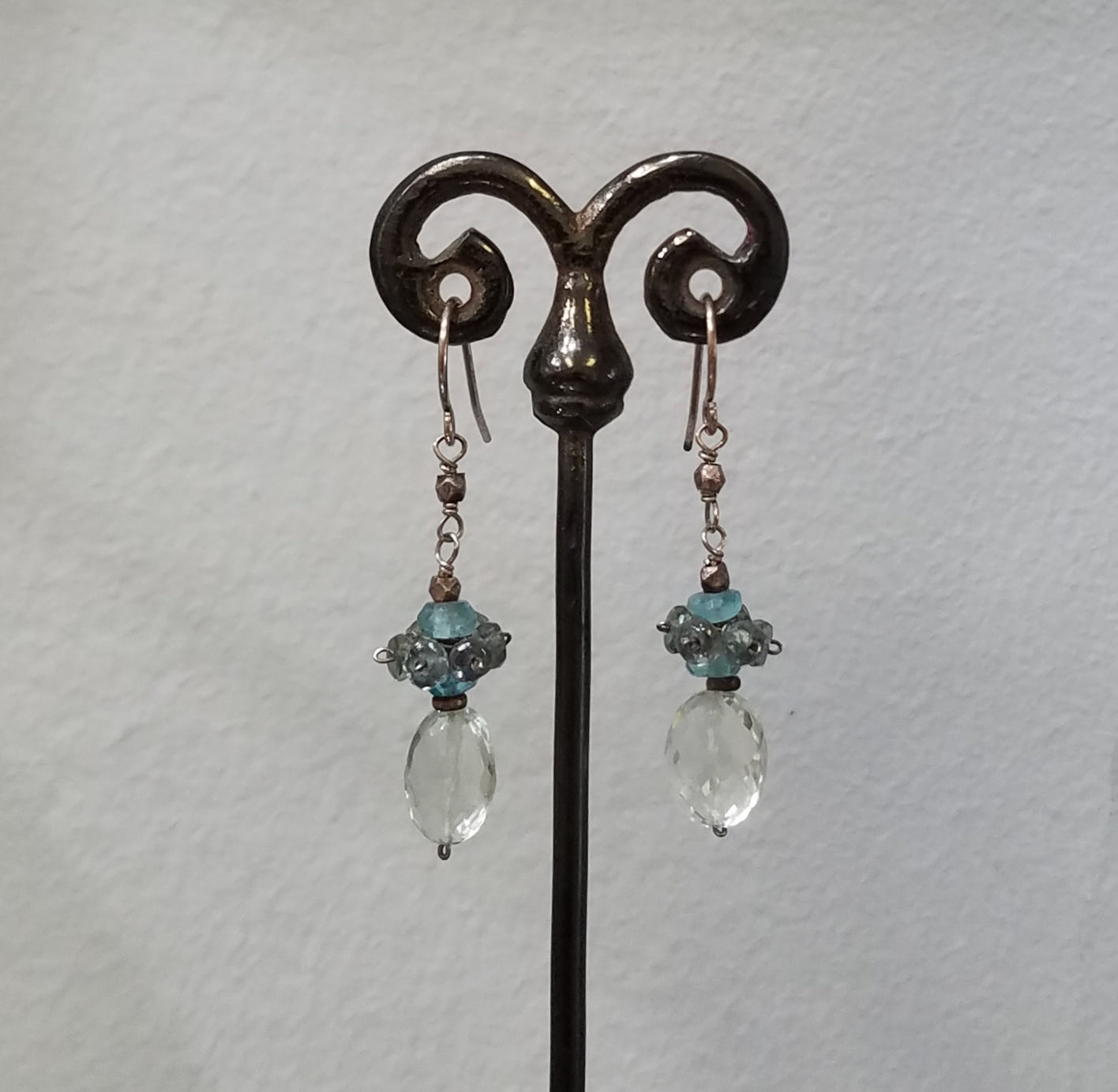 Aquamarine crown earrings in blue, handcrafted by Antiqua Jewelry