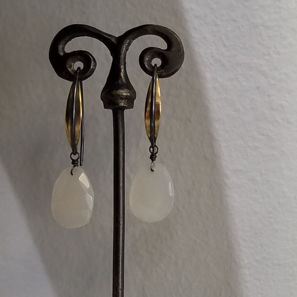Two tone moonstone earrings in white, handcrafted by Antiqua Jewelry