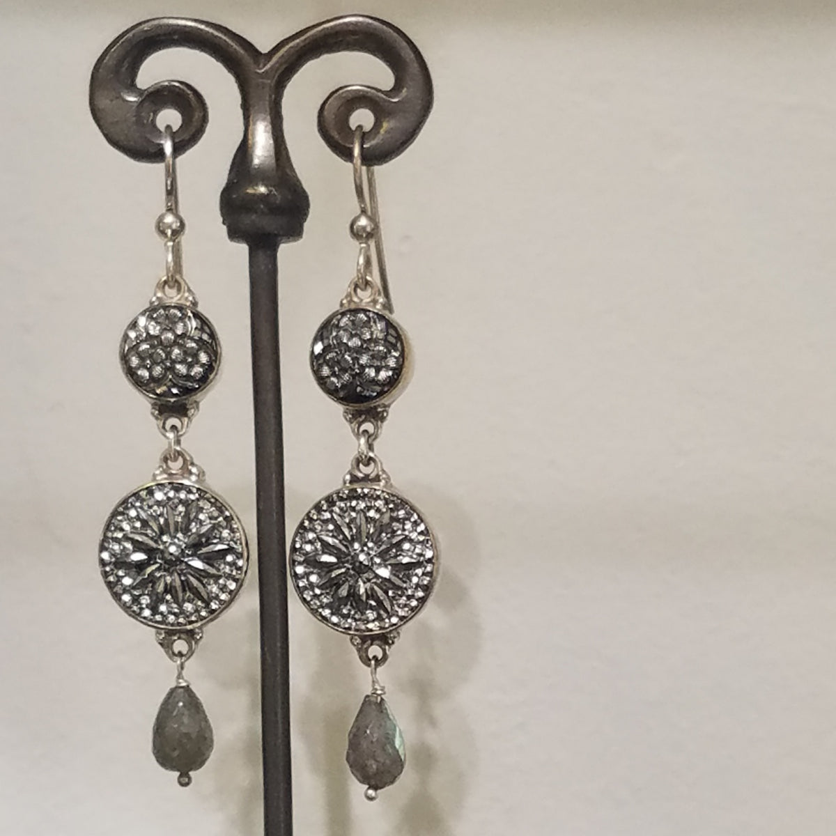 Silver Victorian buttons earrings, handcrafted by Antiqua Jewelry