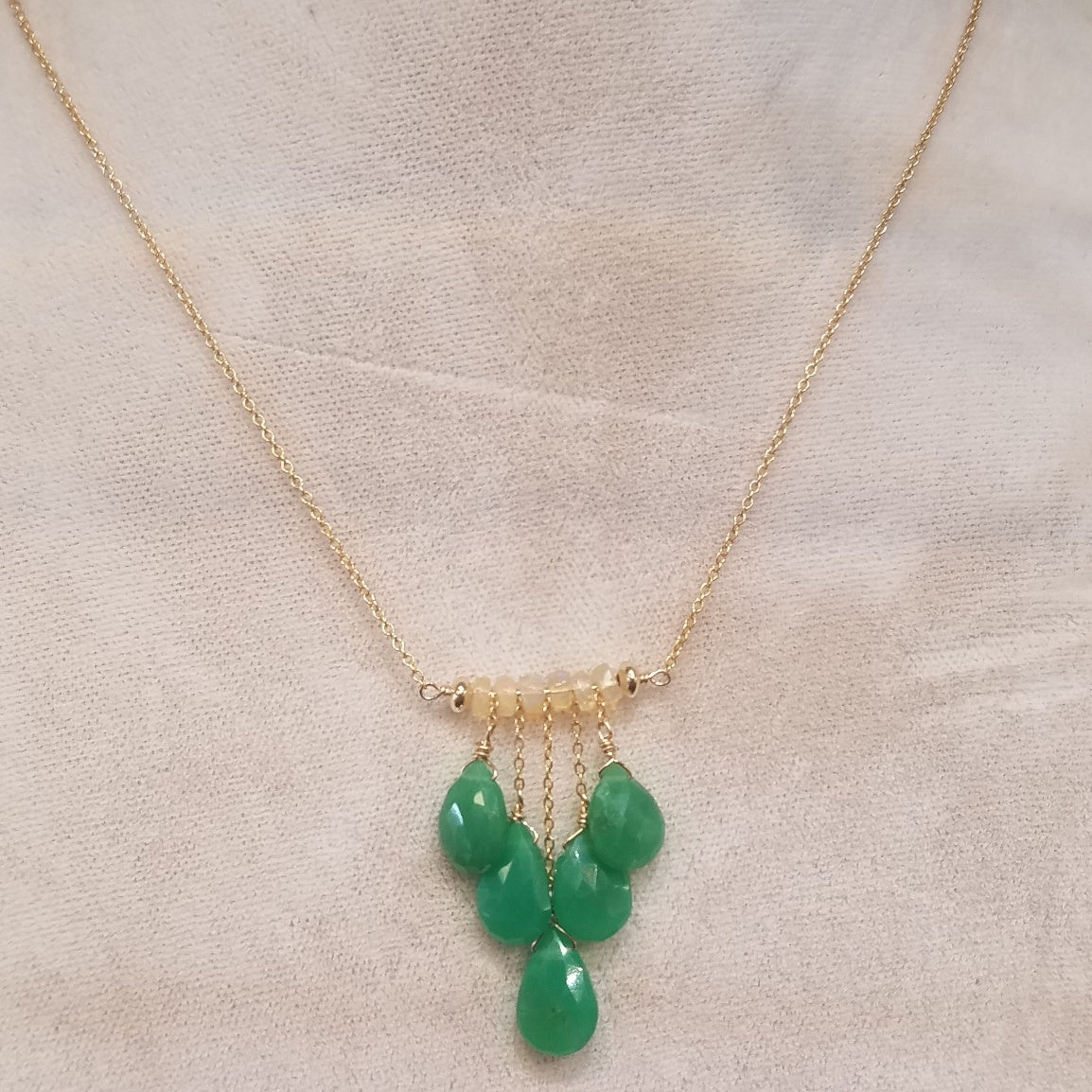 Five drops of Chrysoprase necklace in green, handcrafted by Antiqua Jewelry