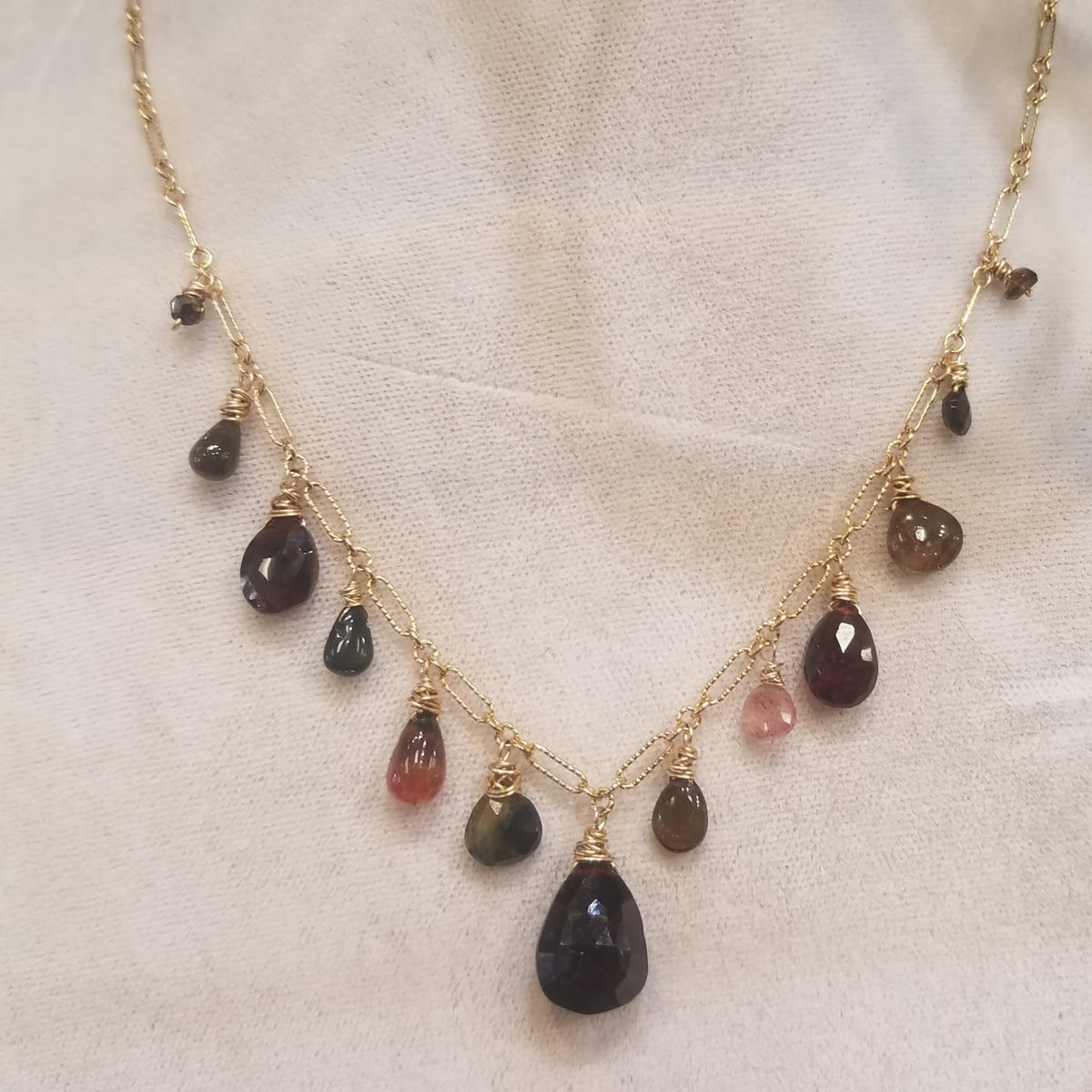 Tourmaline & Garnet necklace in red, handcrafted by Antiqua Jewelry