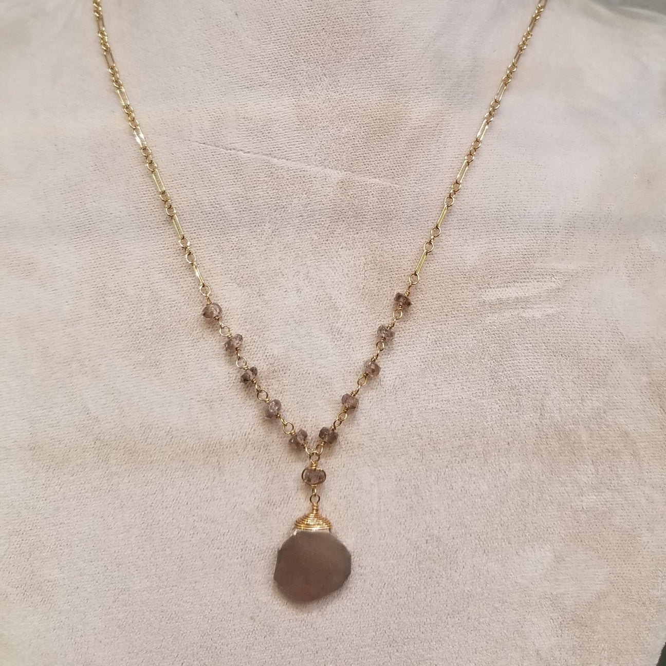 Sliced Moonstone necklace in white, handcrafted by Antiqua Jewelry