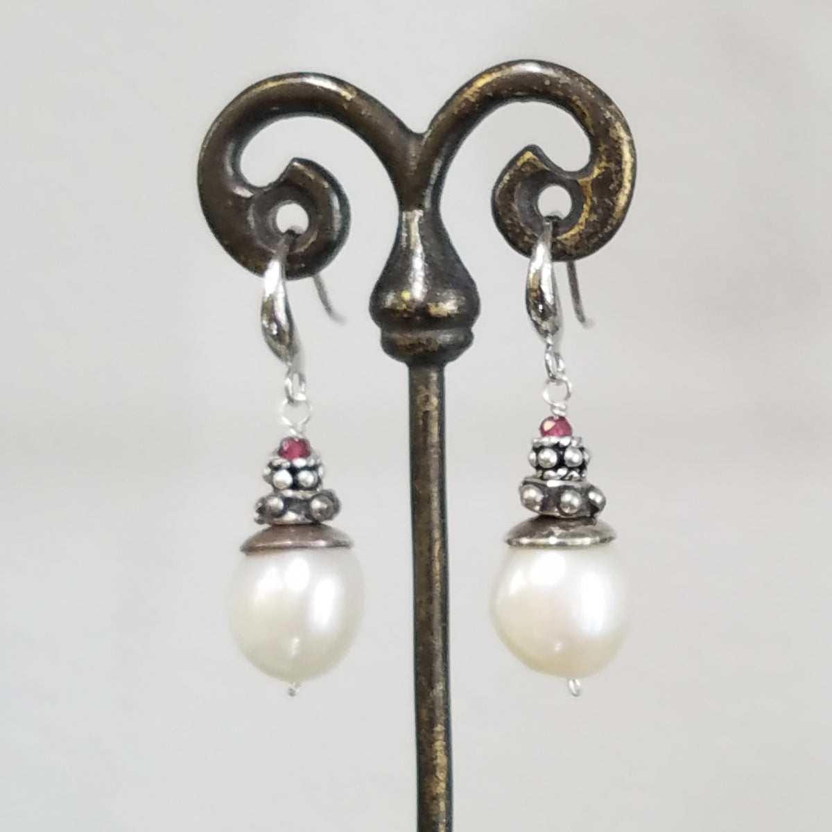 Pearl with garnet earrings, handcrafted by Antiqua Jewelry
