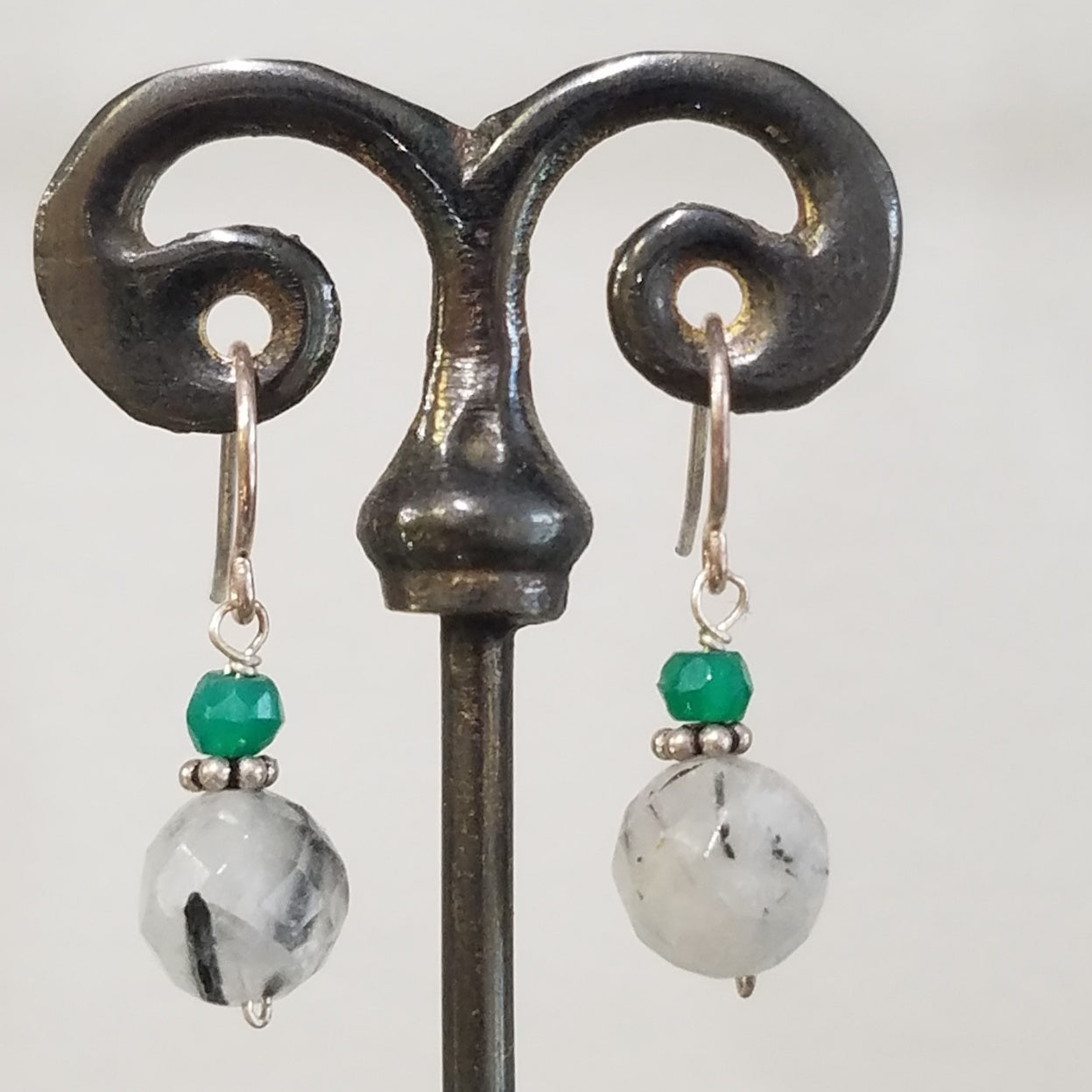 Rutilated Quartz and green Onyx earrings, handcrafted by Antiqua Jewelry