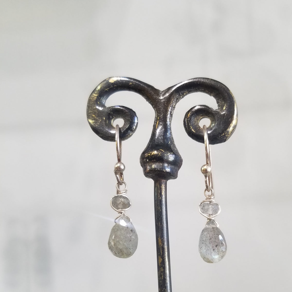 Little labradorite earrings in gray, handcrafted by Antiqua Jewelry