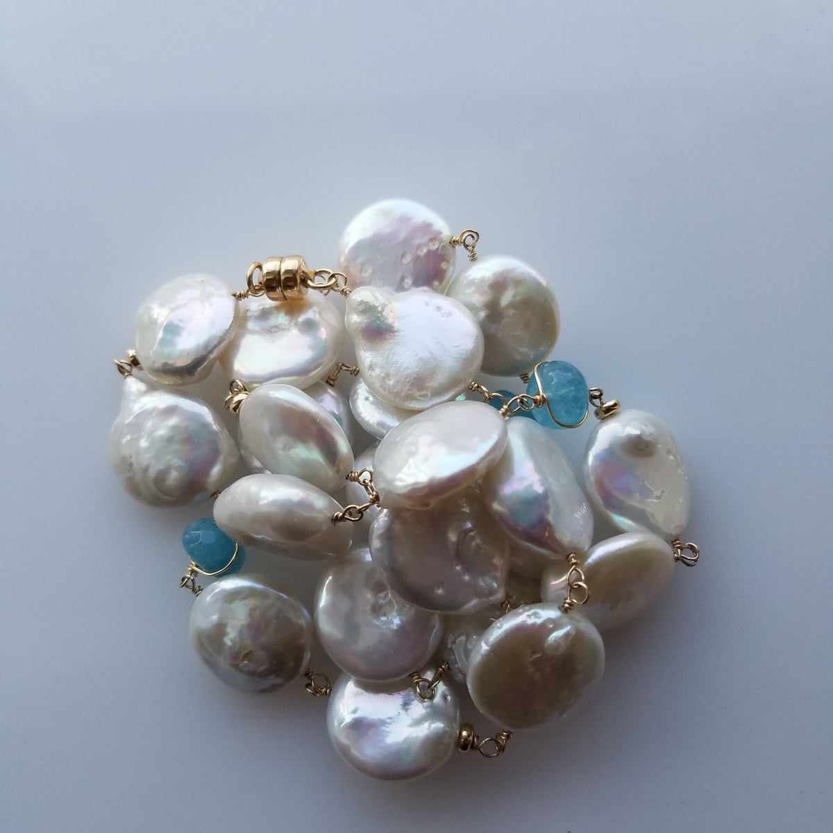 Aquamarine and pearls necklace, handcrafted by Antiqua Jewelry