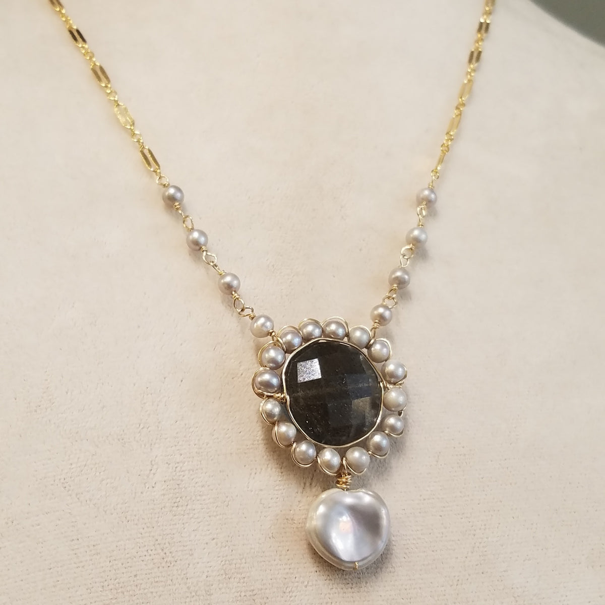 Victorian inspired labradorite necklace in gray, handcrafted by Antiqua Jewelry