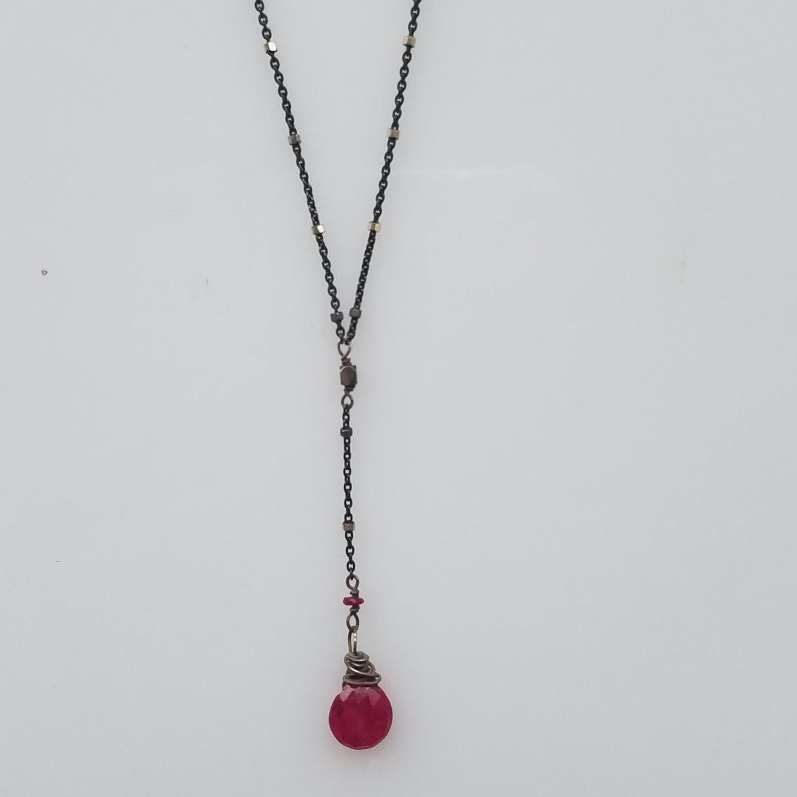 Ruby drop silver necklace in red, handcrafted by Antiqua Jewelry