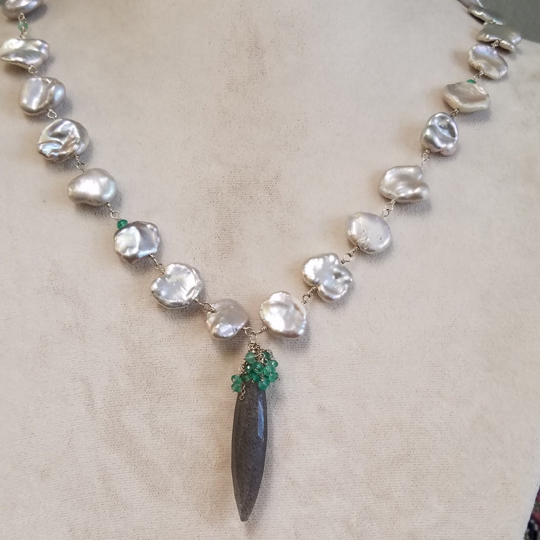 Silver pearls with sprouting green onyx necklace, handcrafted by Antiqua Jewelry