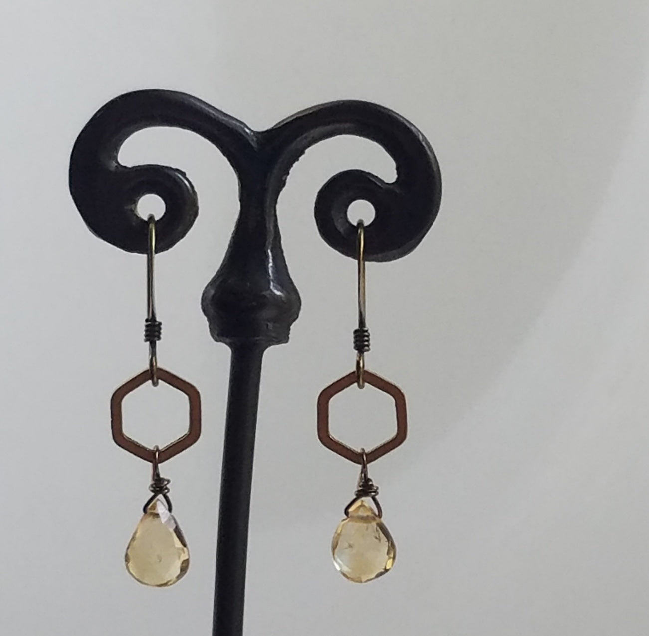 Hexagon with Citrine earrings in orange, handcrafted by Antiqua Jewelry