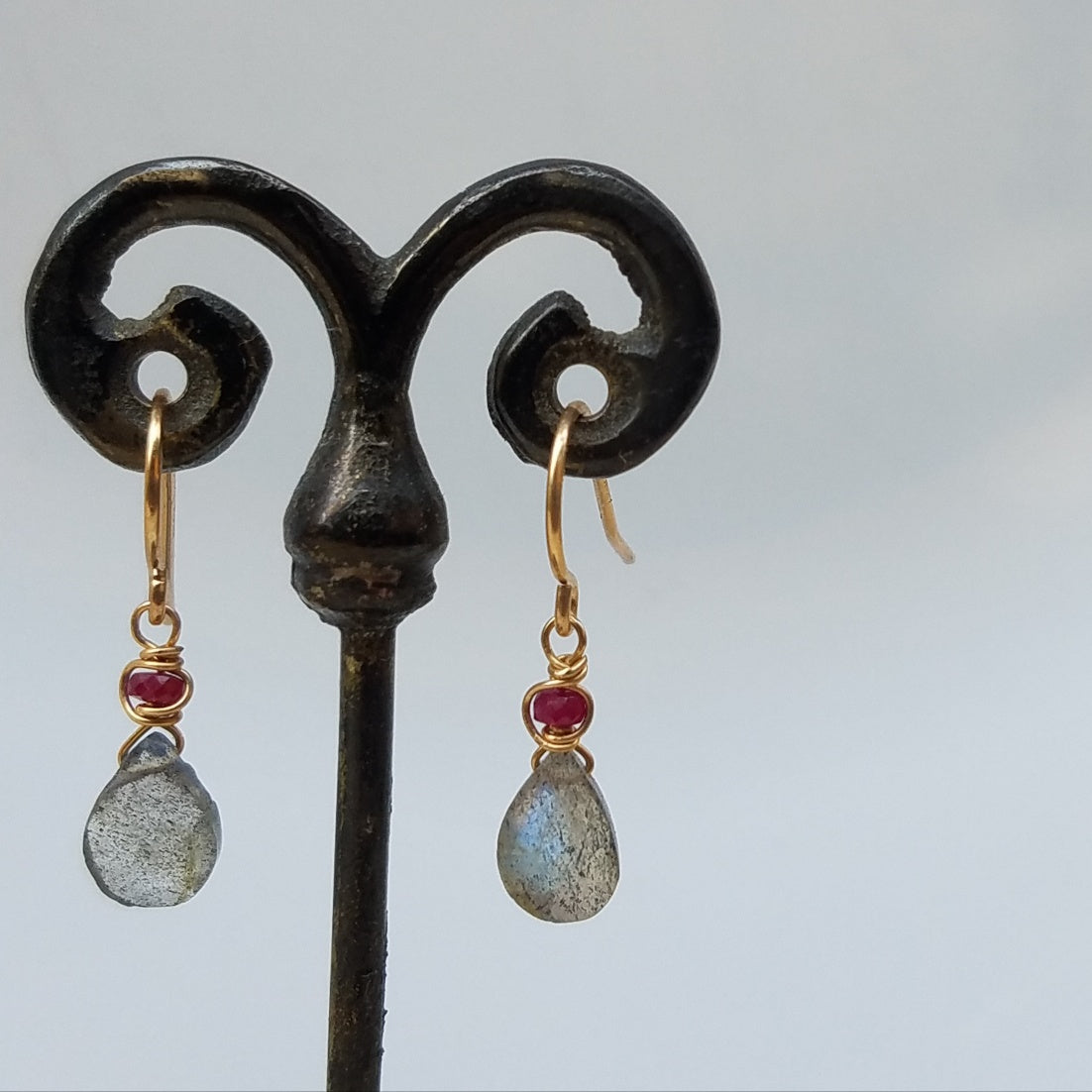 Ruby and Labradorite earrings, handcrafted by Antiqua Jewelry