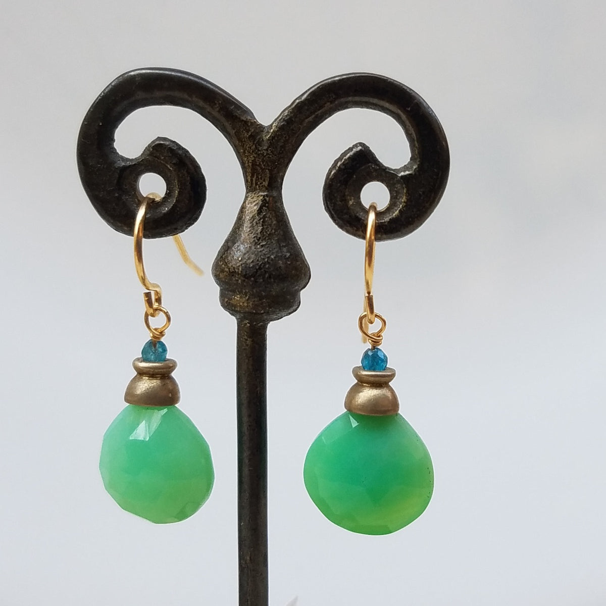 Apatite and Chrysoprase earrings, handcrafted by Antiqua Jewelry