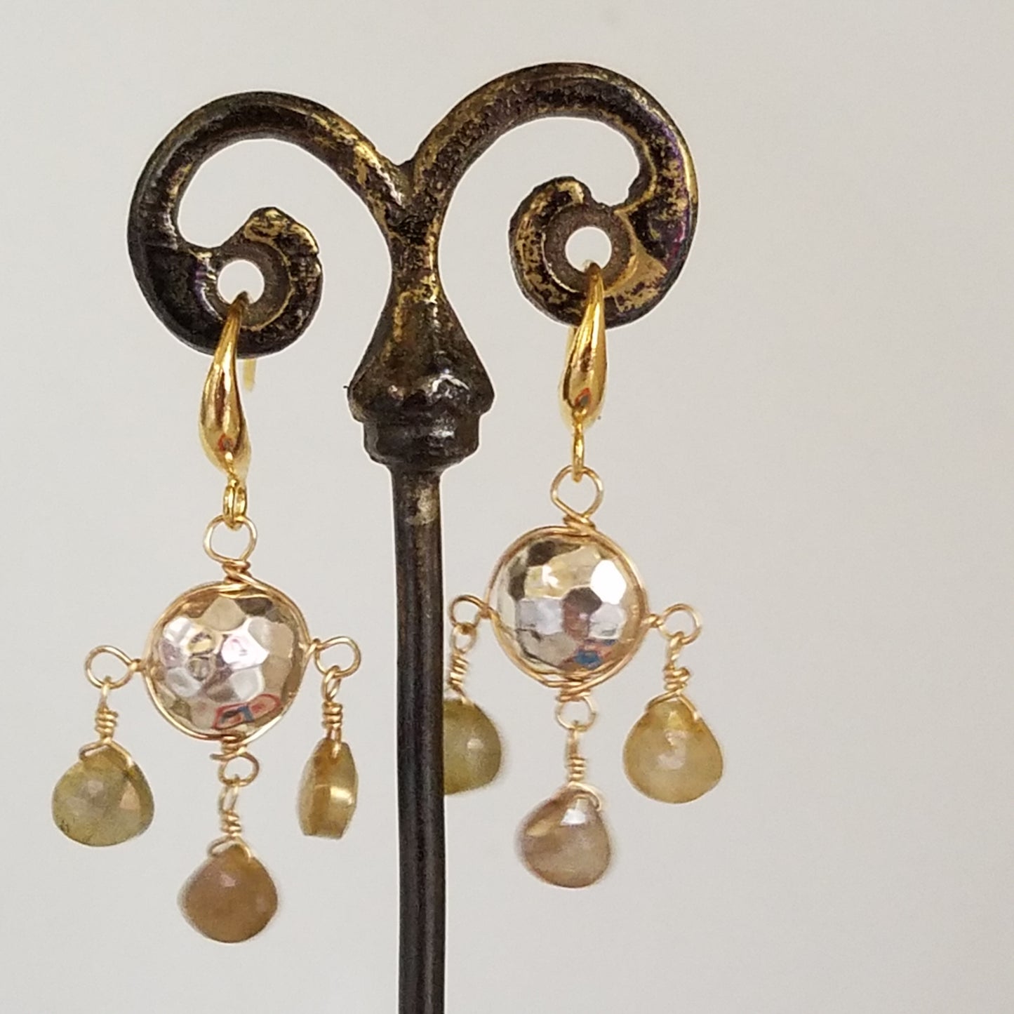 Hummered silver and Moonstone chandelier earrings in white, handcrafted by Antiqua Jewelry