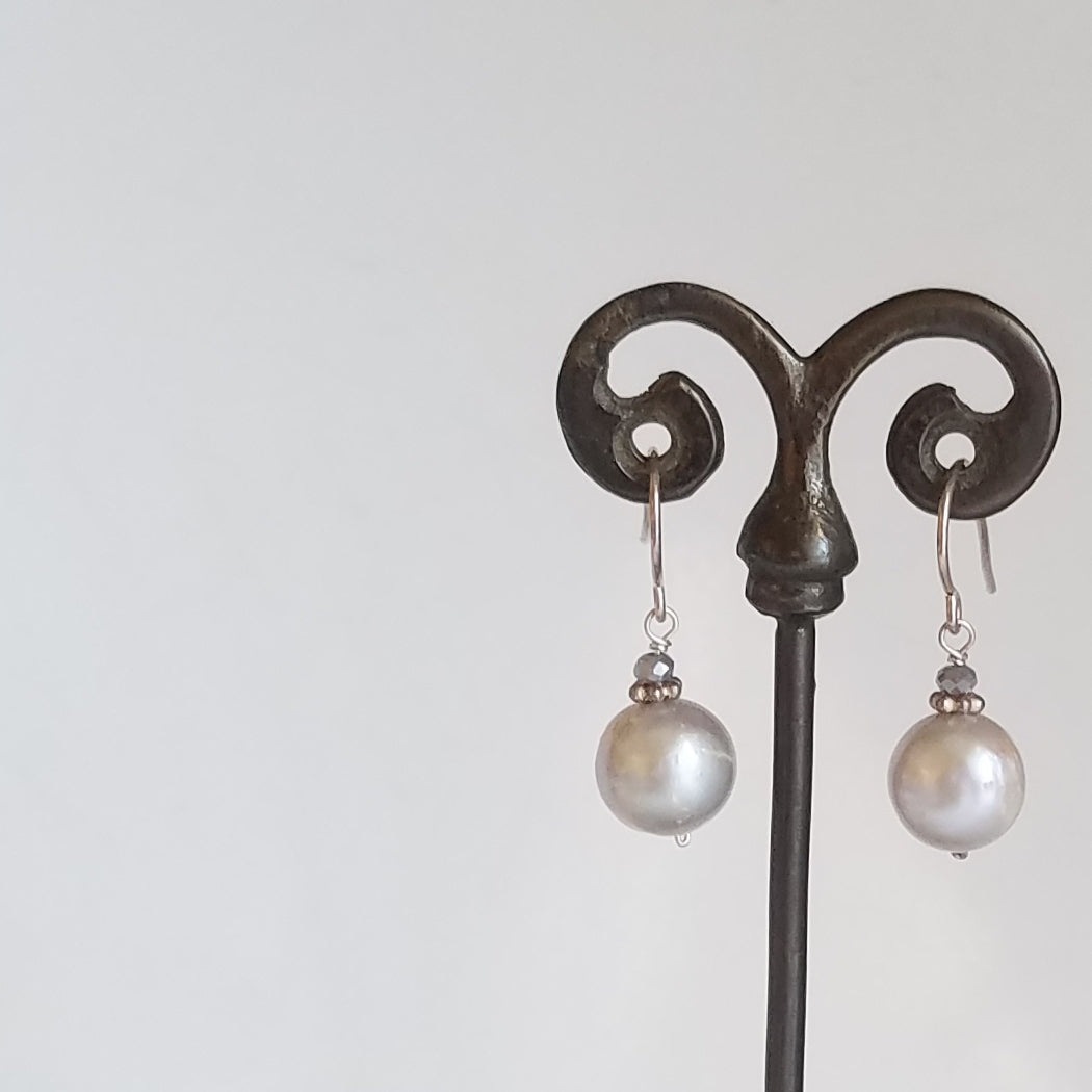 Classic silver Pearl earrings in white, handcrafted by Antiqua Jewelry