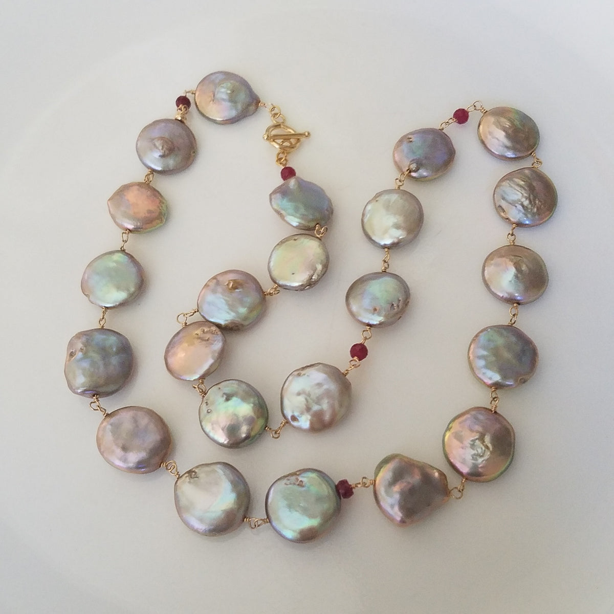 Rubies and pearls necklace/ bracelet in white, handcrafted by Antiqua Jewelry